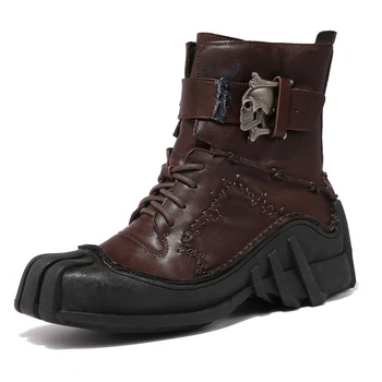 Мужские винтажные мотоциклетные ботинки из натуральной кожи, армейские ботинки в стиле милитари, Кожаные ботинки в готическом стиле с черепом, Новые ботинки в стиле панк-рок