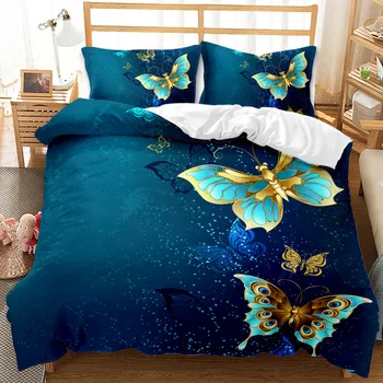 Набор пододеяльников с золотой бабочкой, размер King/Queen, комплект постельного белья Pretty Blue Butterfly для женщин, Насекомое, 2/3 шт., одеяло из полиэстера