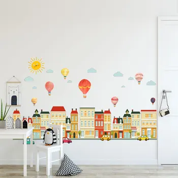 Наклейки на стену 50 * 70 см, здание, воздушный шар, Городская наклейка на стену, Персонализированная Детская комната, Детский сад, Креативный декор, наклейка на стену
