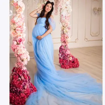 Небесно-Голубое Тюлевое платье для беременных со Шлейфом Для Фотосессии, Многоуровневое Платье с Оборками и открытыми плечами Для Беременных, Халаты на Шнуровке Для детского душа