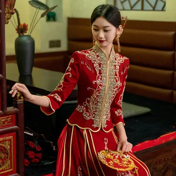 Невеста Красный Велюр С Вышивкой Чонсам В Китайском Стиле, Блестки, Вышивка Бисером, Свадебное Платье Для Тостов китайская одежда