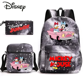 Новая Детская школьная сумка Disney Mickey, Модный Детский рюкзак из 3 предметов, холщовая школьная сумка Большой емкости для мальчиков и девочек