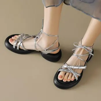 Новинка 2023 года, Пикантная однотонная женская обувь на шнуровке, Летние босоножки с открытым носком, Модная повседневная женская обувь на низком каблуке, большие размеры