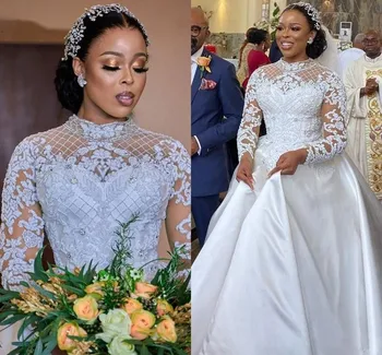 Новые Свадебные платья из хрустального атласа с рукавами Vestidos Mariee 2021, Свадебные платья в Африканском загородном саду, Великолепная кружевная аппликация
