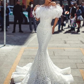 Новые арабские вечерние платья с белым кружевом из перьев 2024, сексуальное длинное вечернее платье Русалки с открытыми плечами, Vestidos De Fiesta