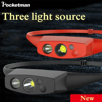 Новый Красный/Белый/Желтый светодиодный Налобный фонарь с тремя источниками света, Удобный Легкий USB-Перезаряжаемый Налобный фонарь Type-C для Рыбалки