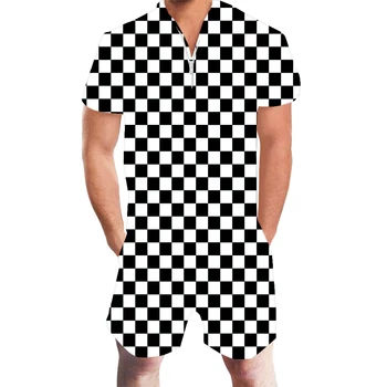 Новый Летний мужской модный Дизайнерский комбинезон с 3D черно-белым клетчатым принтом, комбинезон, Мужские пляжные комплекты с коротким рукавом, Повседневный комбинезон, Комбинезоны