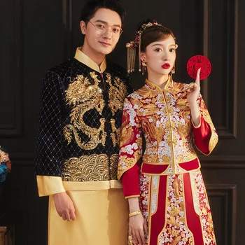 Новый китайский стиль, винтажная одежда для тостов с воротником-стойкой, Свадебное платье Ципао с вышивкой Феникса для Невесты