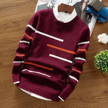 Новый мужской свитер, нижняя одежда, Осенние Винтажные Мужские повседневные полосатые облегающие брендовые модные вязаные пуловеры XXXL