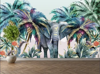 Обои на заказ с ручной росписью лесные животные тропические растения слон кокосовая пальма фотообои украшение комнаты фреска