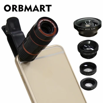 Объективы ORBMART 5 в 1 8X Телескоп 0.4X Super Wide Fish eye Wide Angel Macro Для Камеры Мобильного телефона iPhone Samsung HTC Xiaomi