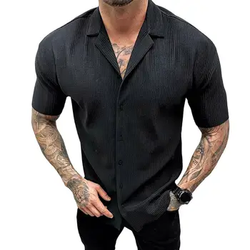 Однобортная мужская рубашка в рубчик с коротким рукавом и лацканами, однотонная Свободная Повседневная рубашка, топ