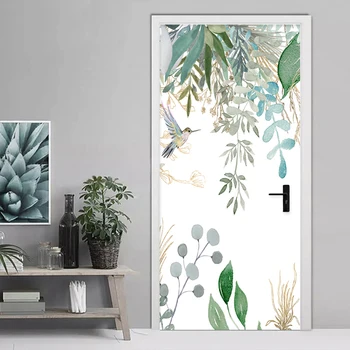 ПВХ Самоклеящаяся Наклейка на дверь Современные 3D Фрески с листьями тропических растений, цветами и птицами, Дверной плакат, Водонепроницаемая наклейка для гостиной