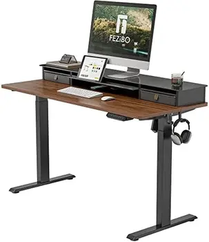 Письменный стол со стеклянной Столешницей для монитора, Регулируемый Стол Sit Stand Up размером 55 x 24 дюйма с двойным выдвижным ящиком, Письменный стол Sit Stand с ящиком для хранения