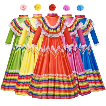 Платье для мексиканских танцев для женщин и девочек, кружевной подол с длинным рукавом и радужными полосками, сценический костюм для косплея