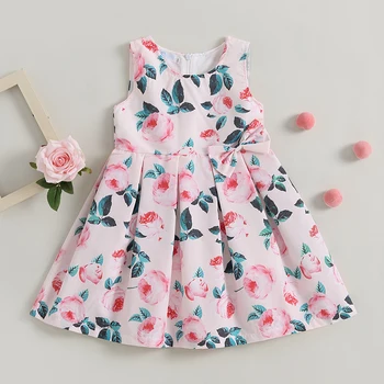 Платье-слинг трапециевидной формы для маленьких девочек, летнее повседневное платье с круглым вырезом и цветочным принтом, плиссированное праздничное платье на бретелях с бантом
