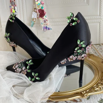 Разноцветный цветок бриллианта, Заостренные туфли на высоком каблуке, Черное атласное лицо, Заостренные туфли на высоком каблуке, Большой Размер, Модная Банкетная Сексуальная женская обувь