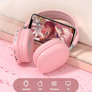 Розовая беспроводная Bluetooth-гарнитура, наушники, беспроводные шлемы с HD микрофоном, поддержка TF-карты, FM-радио для мобильного телефона