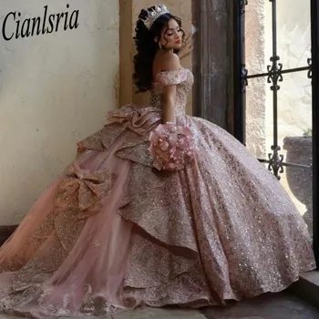 Розовое Блестящее Пышное платье 2023 С Накидкой Бальное Платье Без рукавов С Корсетом Vestido De 15 Anos