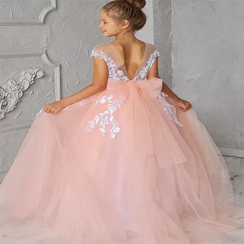 Розовые платья в цветочек для девочек на свадьбу, Бальное платье с аппликацией из тюля, с открытыми плечами, Нарядные платья для малышей, Платья для Первого Причастия