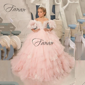 Роскошные платья с пышными рукавами и цветочным узором для девочек, Розовое бальное платье Принцессы длиной до пола Для свадебной вечеринки, Детское праздничное платье трапециевидной формы