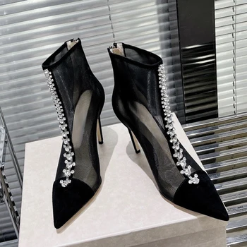 Сапоги на высоком каблуке с острым носком, сетчатые, со стразами, Новинка 2023 года, Европейско-американские Модные женские ботинки на тонкой подошве черного цвета на шпильке