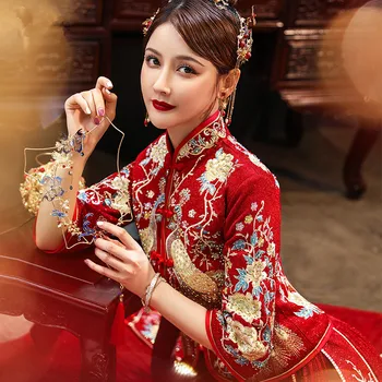 Свадебное платье для пары в восточном стиле в стиле ретро с золотой вышивкой, длинный Чонсам, Стильная элегантная одежда для невесты и жениха китайская одежда