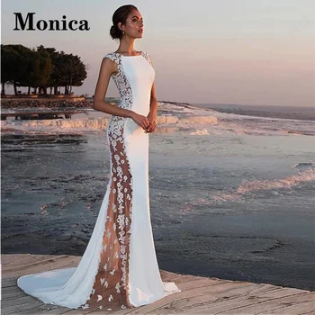Свадебное платье-русалка с круглым вырезом MONICA для невесты, аппликации, шлейф на молнии, Современное атласное платье с открытыми плечами Vestido De Casamento