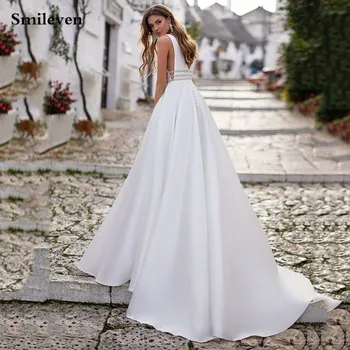 Свадебные платья Smileven 2020, Сексуальное Свадебное платье из атласа с V-образным вырезом и открытой спиной, Пляжные Свадебные Платья на заказ, Robe De Mariee