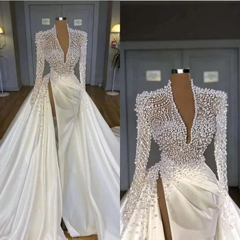 Свадебные платья русалки с винтажным жемчугом 2022 года, свадебные платья со съемным шлейфом, V-образным вырезом, длинным рукавом, разрезом по бокам, Robe De Mariée