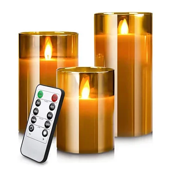 Светодиодные Свечи, работающие на батарейках, Комплект из 3 ярких Беспламенных Стеклянных Свечей с дистанционным управлением, Прикроватный ночник для девочек