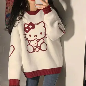 Свитер Hello Kitty Academy Sweet Love, Осенне-зимний Новый Жаккардовый пуловер с круглым вырезом, свитер Свободного кроя