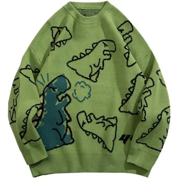 Свитера Мужские в стиле араджуку, Вязаная Уличная одежда с рисунком динозавра, Пуловер с рисунком динозавра, Повседневные винтажные свитера с круглым вырезом