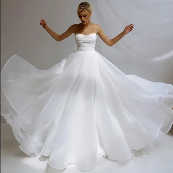 Сексуальное Белое Дешевое Свадебное платье 2021 Из Органзы Без бретелек, Свадебные платья для Пляжной Невесты, Шлейф с разрезом сбоку, сшитый на заказ