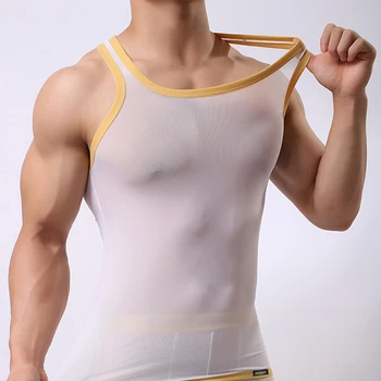 Сексуальные Мужские майки для бодибилдинга, прозрачный супертонкий сетчатый жилет, мужская повседневная мускулистая экзотическая одежда для сна, спортивная рубашка