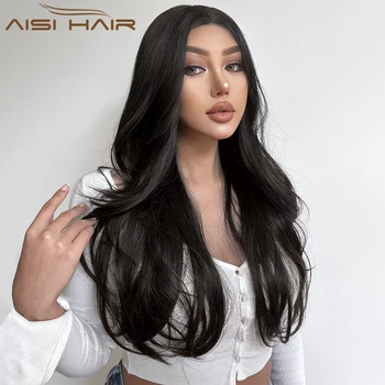 Синтетический Длиннослойный парик AISI HAIR, Черная Средняя часть, Волнистые Парики для женщин, Натуральные Волосы для ежедневных вечеринок, Термостойкое волокно