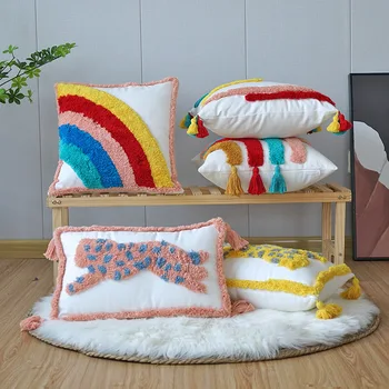 Скандинавский Радужный хохлатый чехол для подушки, Наволочка с кисточками, декоративная модная наволочка для дивана-кровати, домашний декор 45x45 см