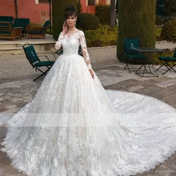 Скромное Свадебное платье с пышным кружевом 2023, Прозрачная шея, Длинный рукав, Свадебные платья с аппликацией, Robe De Mariee