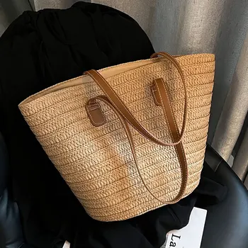 Сумка из травяной ткани для женщин большой емкости, пляжная корзина из травяной ткани для овощей, сумка-тоут для поездок на работу