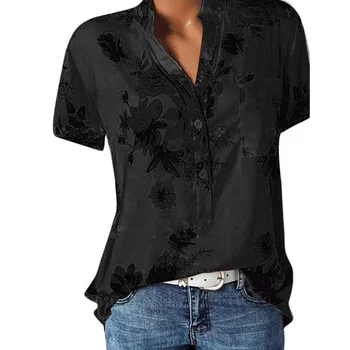 Темпераментная новая женская рубашка с принтом, повседневная рубашка большого размера, свободная рубашка с V-образным вырезом и короткими рукавами, блузка