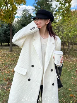Улица моды 2023, осень-Зима, Новое высококачественное Белое шерстяное длинное пальто, женское вязаное текстурированное Свободное теплое шерстяное пальто
