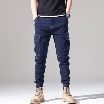 Уличная Мода, мужские Джинсы, Ретро Синие Эластичные Повседневные джинсовые брюки-карго с большим карманом, Мужские Дизайнерские Джоггеры в стиле хип-хоп, мужские комбинезоны