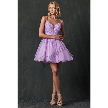 Фиолетовое вечернее платье с короткой юбкой Caroline на бретельках длиной до колена, Аппликации, блестки, Глубокий V-образный вырез, платья для выпускного вечера, Вечерние платья на заказ