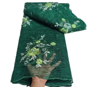 Французская сетчатая кружевная ткань 2023, новейшая африканская кружевная ткань, зеленая вышивка, пайетки, коричневая швейцарская вуаль, нигерийская кружевная ткань