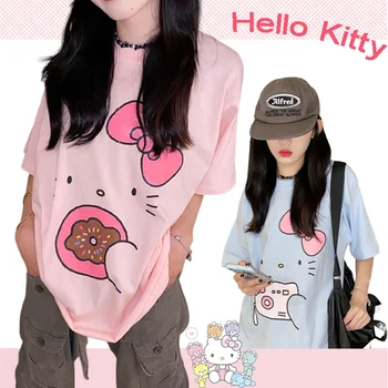 Футболка Sanrio Kawaii Hello Kitty с Мультяшным Принтом, Свободный Повседневный Студенческий Топ с коротким рукавом, Летняя Модная Универсальная Толстовка