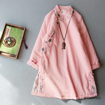 Хлопчатобумажная одежда с вышивкой в стиле ретро, Женское китайское платье средней длины, Стеганая куртка, Традиционная