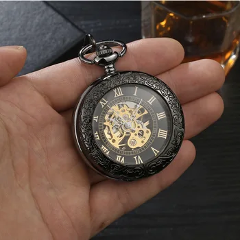 Черные карманные часы в стиле ретро в стиле стимпанк, выдолбленное ожерелье, карманные и брелочные часы с цепочкой, мужские и женские часы, подарки