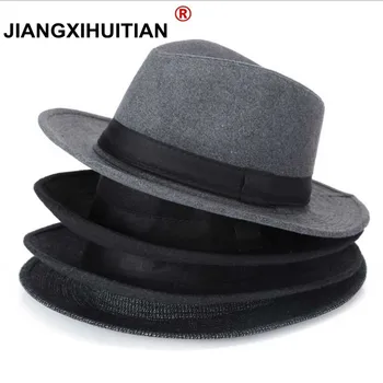 Шерстяная мужская Черная Фетровая шляпа Для женщин, Шерстяная джазовая кепка с широкими полями, Винтажная Панама, Солнцезащитный цилиндр