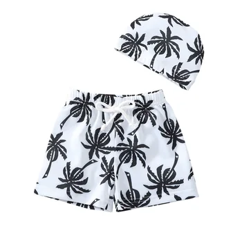 Шорты для плавания для мальчиков, пляжные летние купальники, штаны для купания с завязками + шапочка для купания, черный серый
