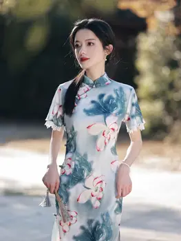 Элегантное Женское Повседневное платье Ципао с коротким рукавом и винтажным цветочным принтом в китайском стиле, Vestidos